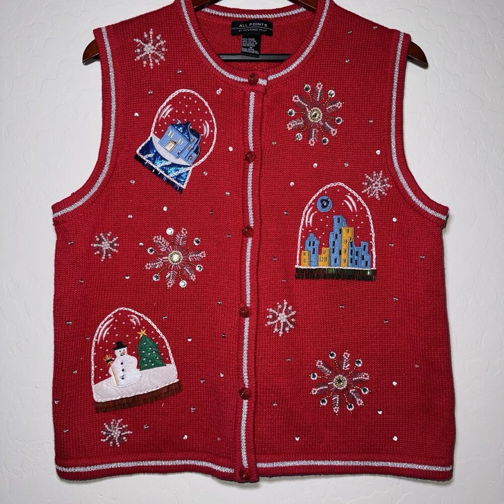 All Points Womens Beaded Embroidered Holiday Snow Globe Sweater Vest Red Medium